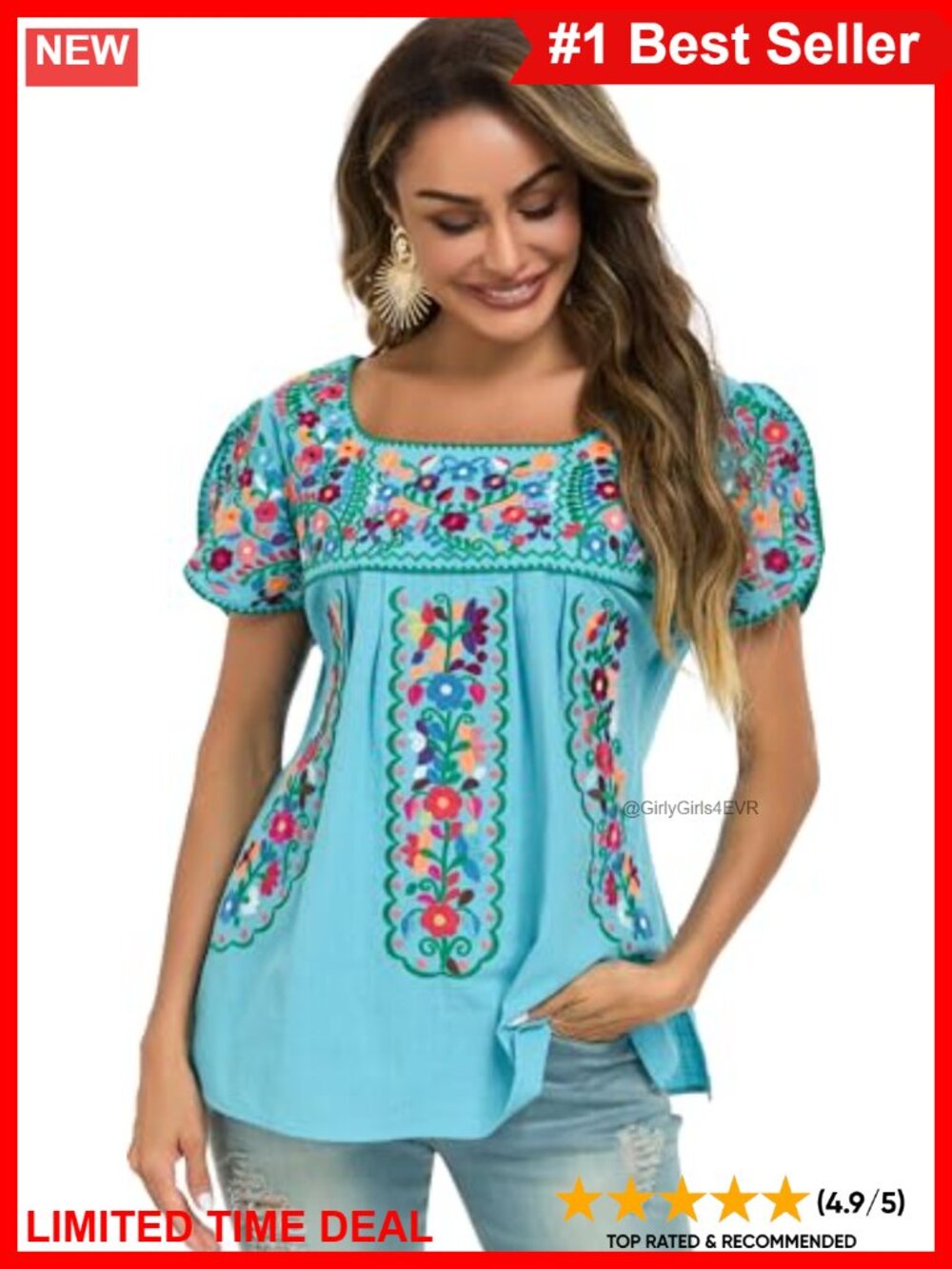 Embroidered Peasant Blouse Boho Summer Tunic Top Floral Short Sleeve
